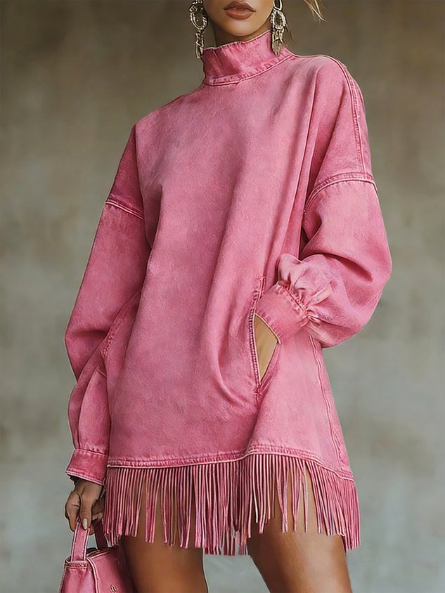 Women Casual Denim Blue Mini Dress Turtleneck H-Line Fall Daily