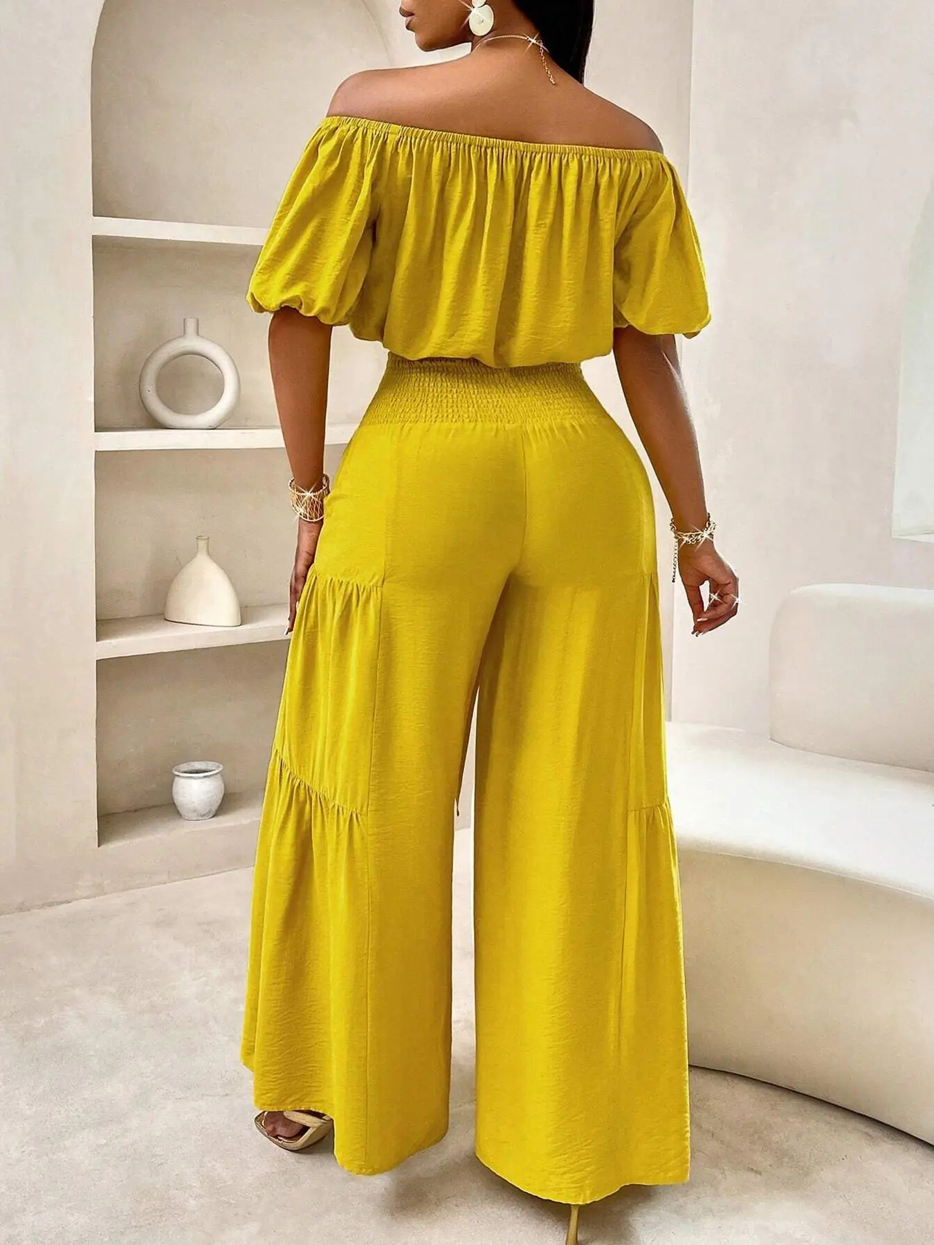 Summer Beach Vacation Bow Shoulderless Round Neck Shirt Wide Leg Pants Set