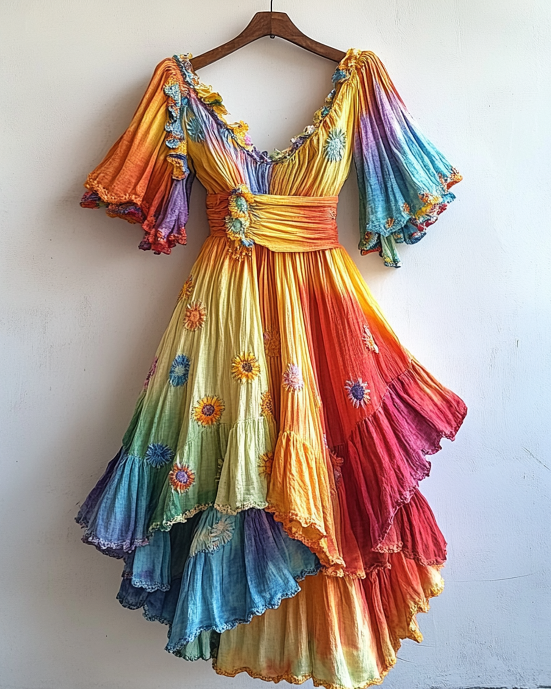 Rainbow Linen Ruffle Daisy Embroidery Irregular Dress 6ebb