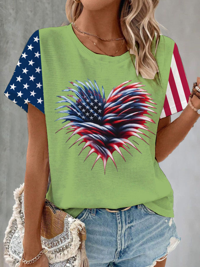Women'S American Flag Heart Waffle T-Shirt