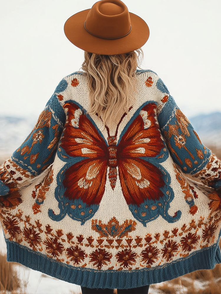 Bohemian Style Butterfly And Plant Floral Pattern Women's Cardigan Sweater