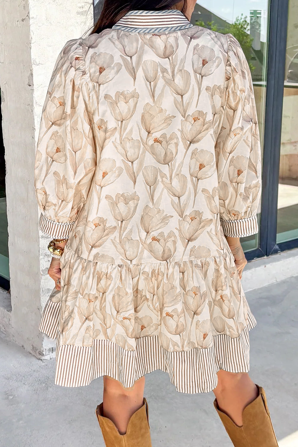 Khaki Plus Size Floral Striped Trim Patchwork Button Down A-line Dress