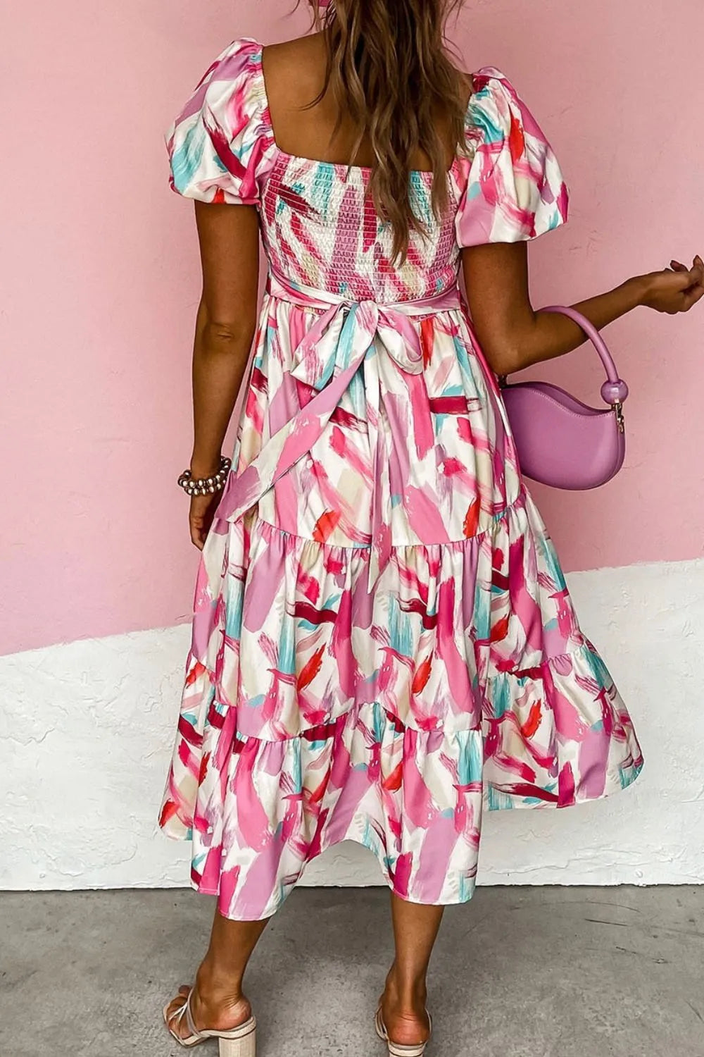 Geometric Print Puff Sleeve Square Neck Midi Dress