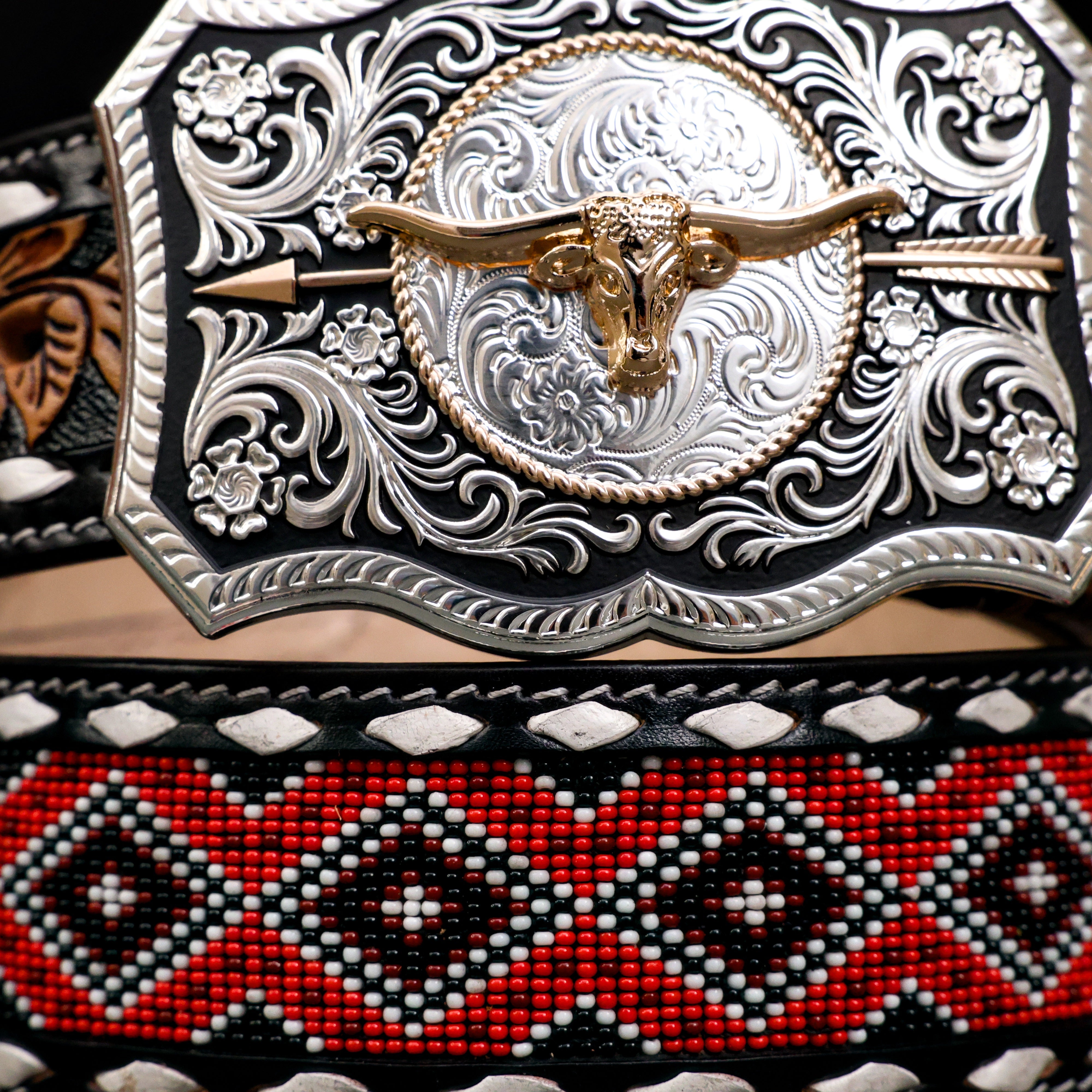 2 Inch Hand-Tooled Artesanal Beaded Leather Belt