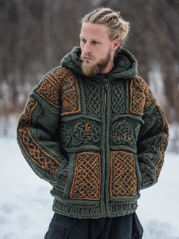 Men's Vintage Viking Celtic Knot Art Zip Up Knit Hooded Sweater