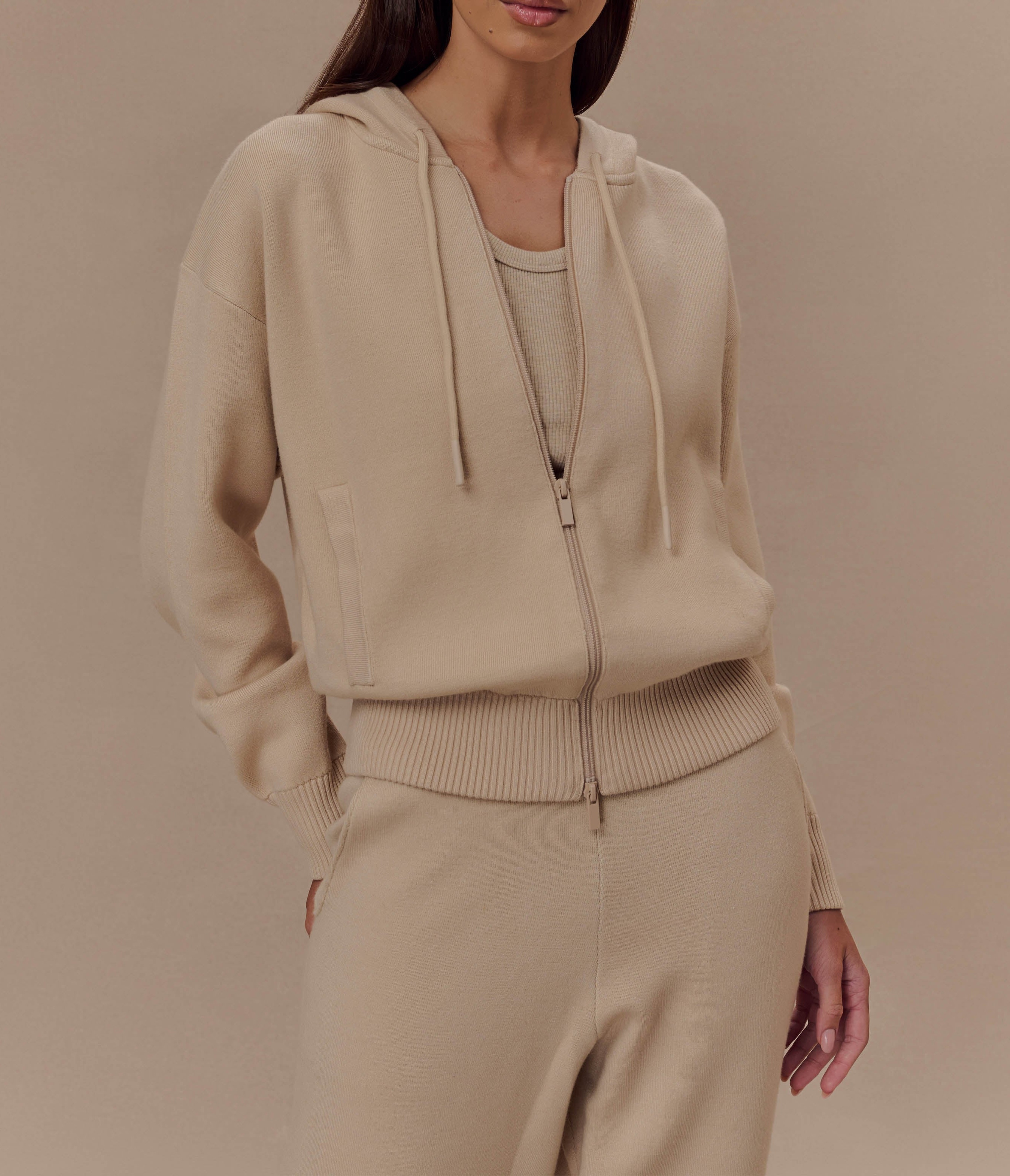 Camel Zip Front Knit Hoodie