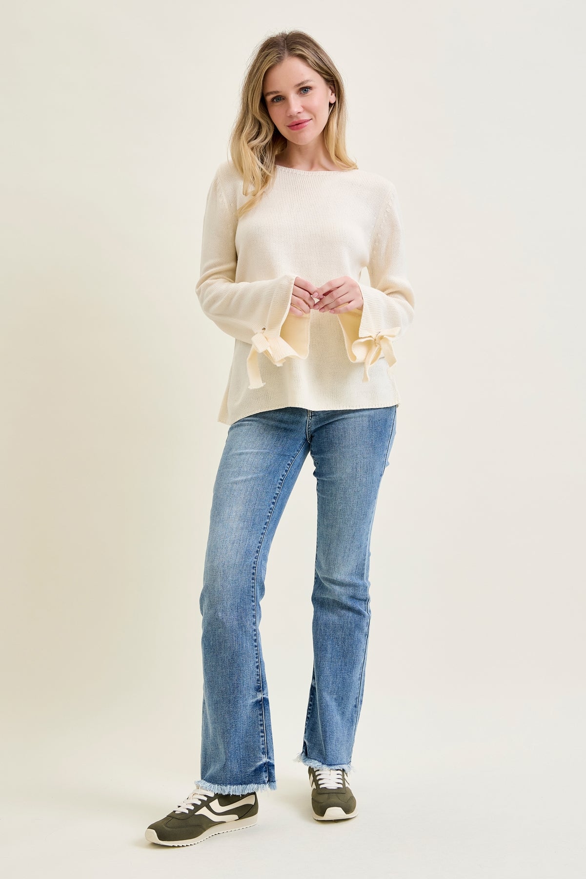 Tie Sleeve Pullover White Sweater
