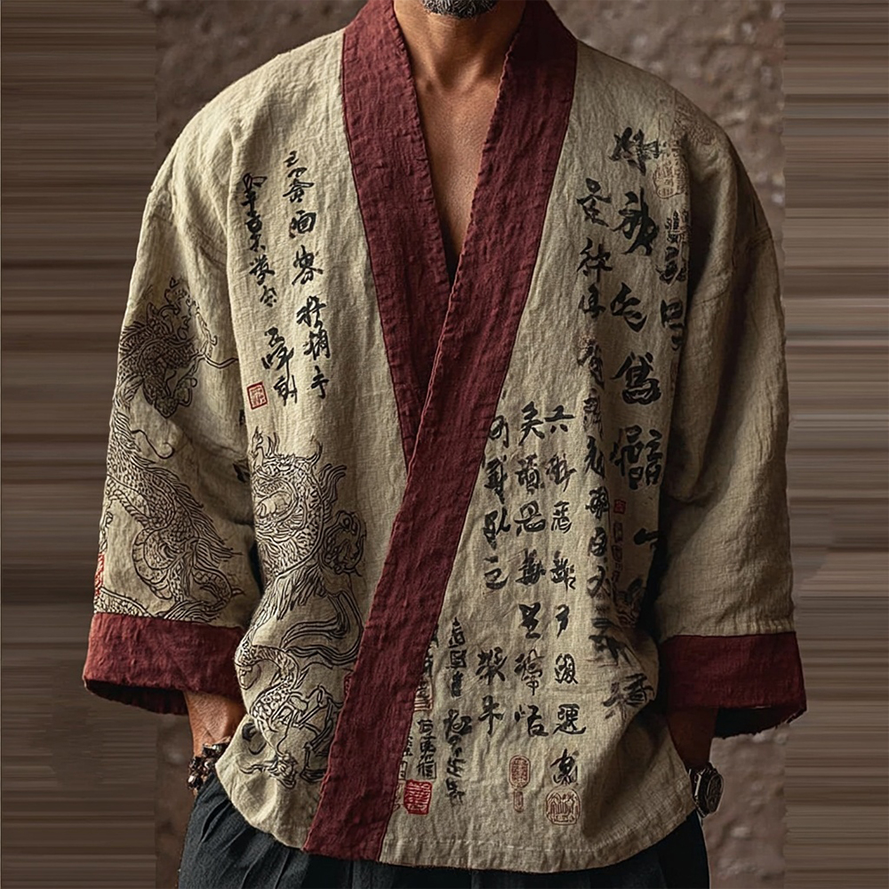 Men's Retro Dragon Calligraphic Art Contrast Color Linen Kimono