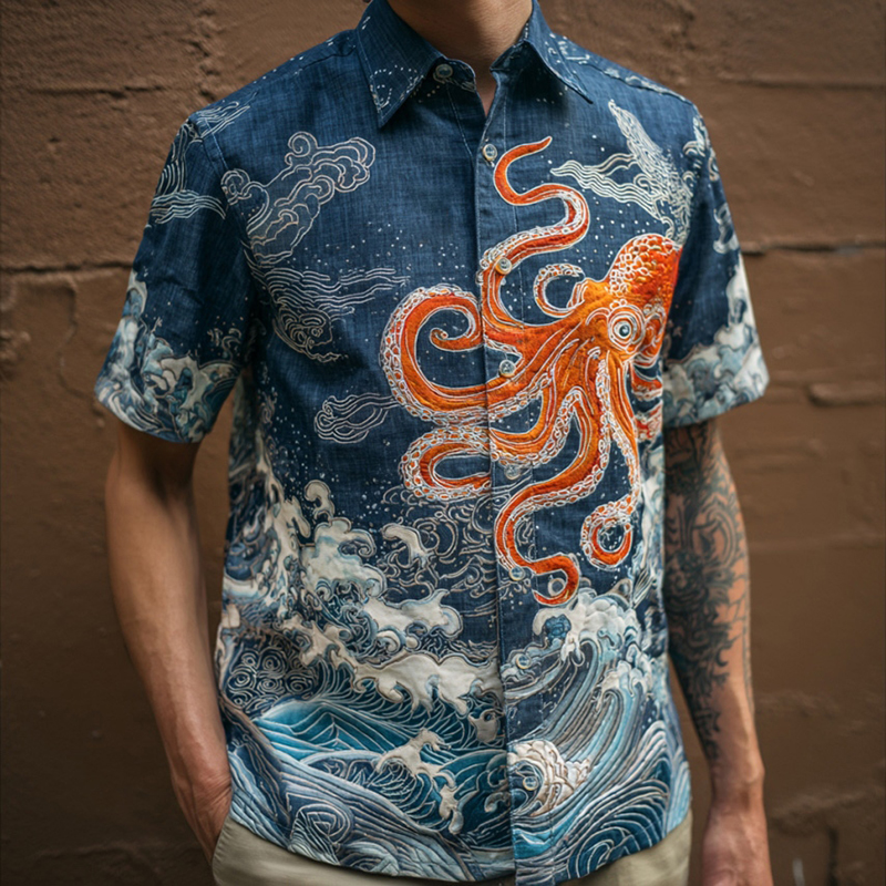 Men's Japanese Art Ocean Octopus Print Short-sleeve Shirt