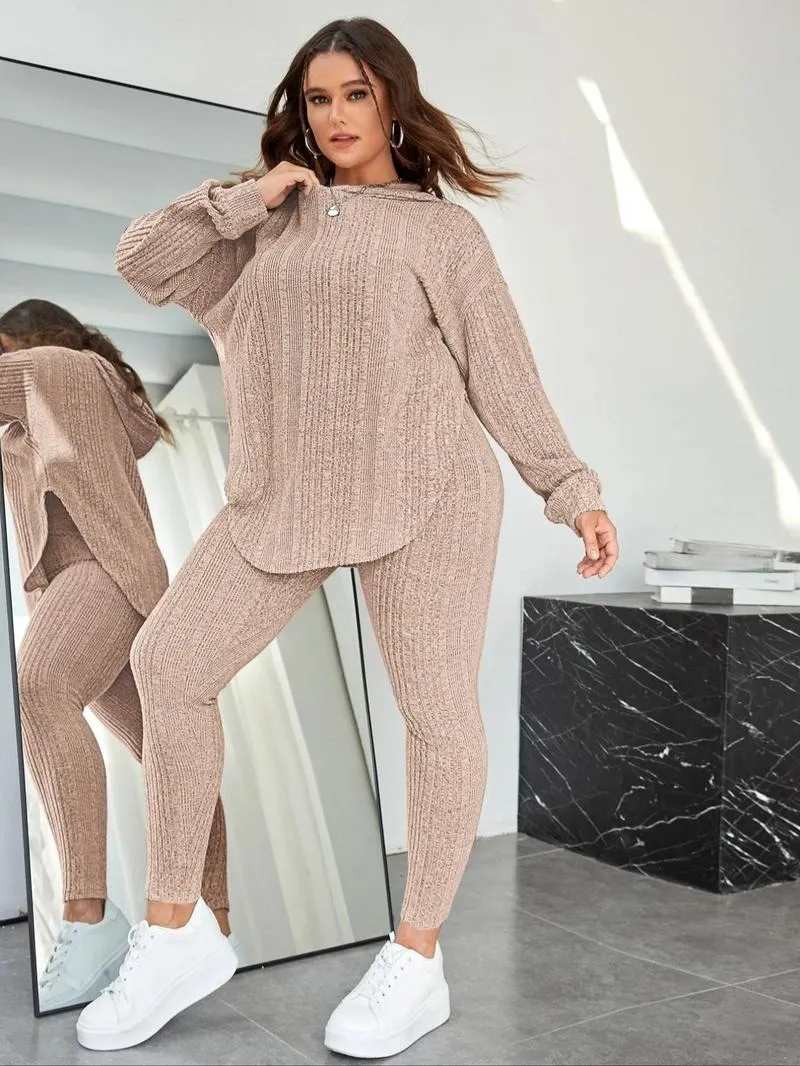 [Plus Size] Plain Split Curved Hem Hoodie & Leggings Lounge Two-piece Set