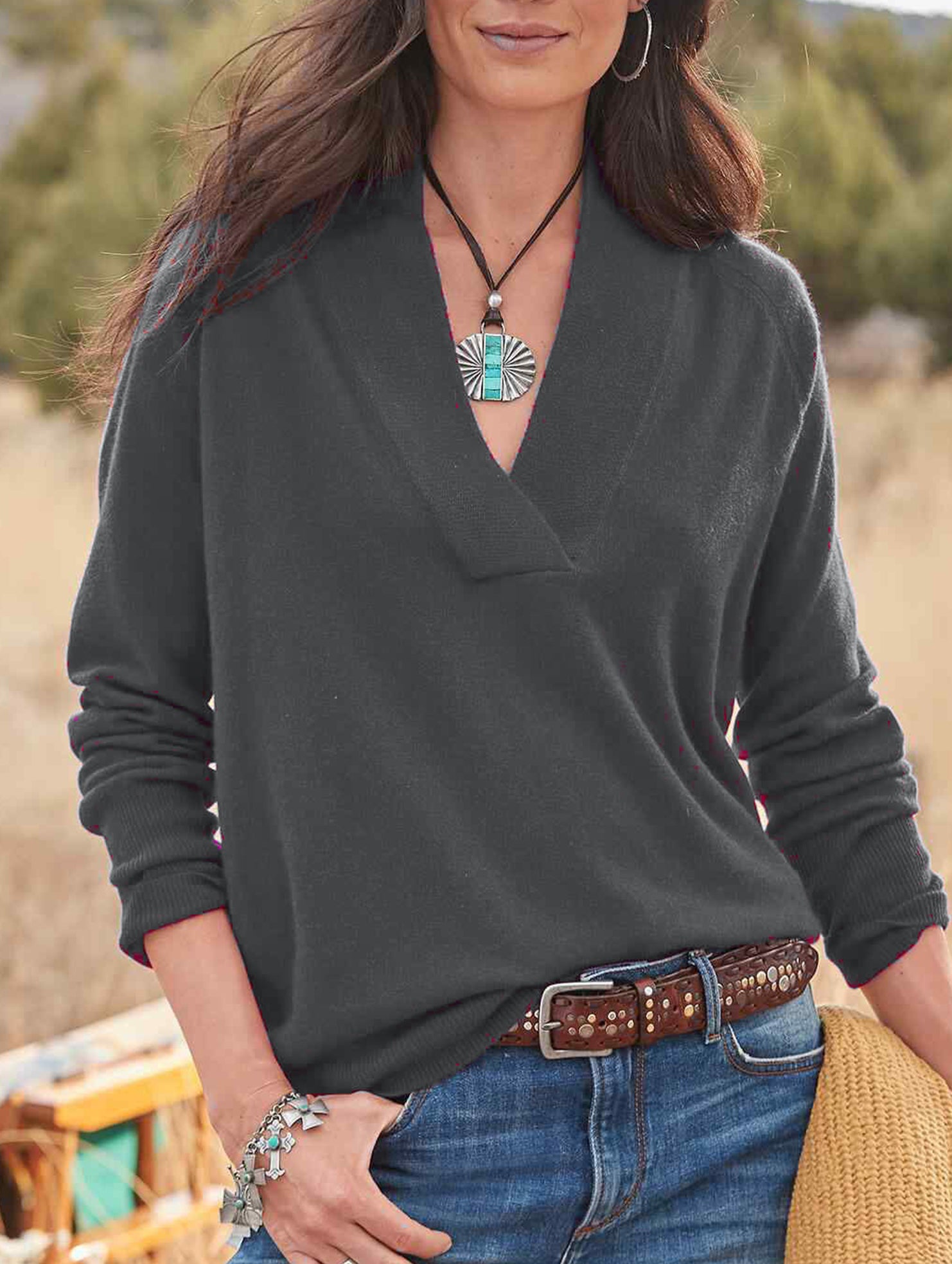 V-neck solid color loose long-sleeved top for women_CWOSWL09206