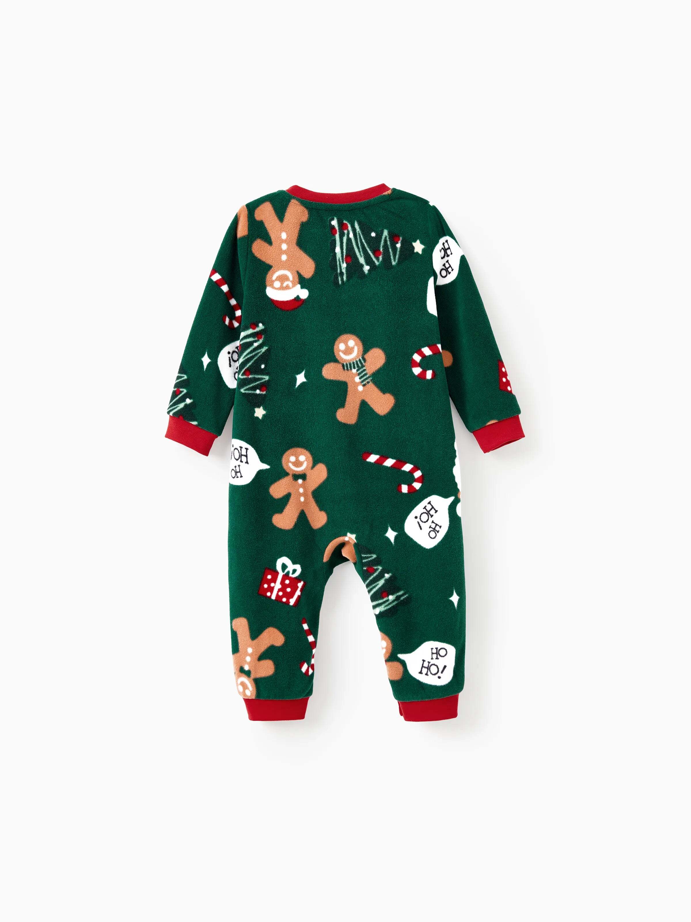 Christmas Pajamas Family Matching Fleece Gingerbread Man Long Sleeves Pajamas Sets with Christmas Socks Dark Green