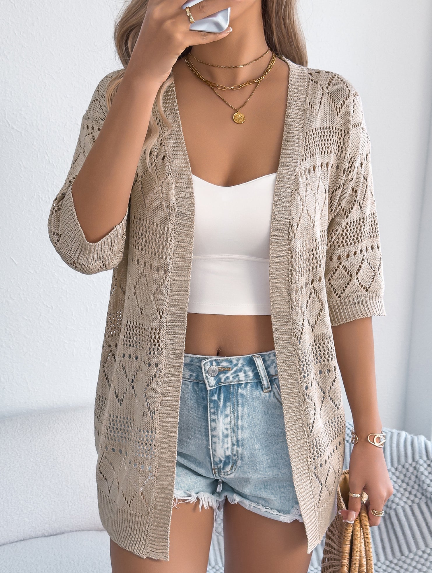 Solid Hollow Mid Sleeve Knit Cardigan