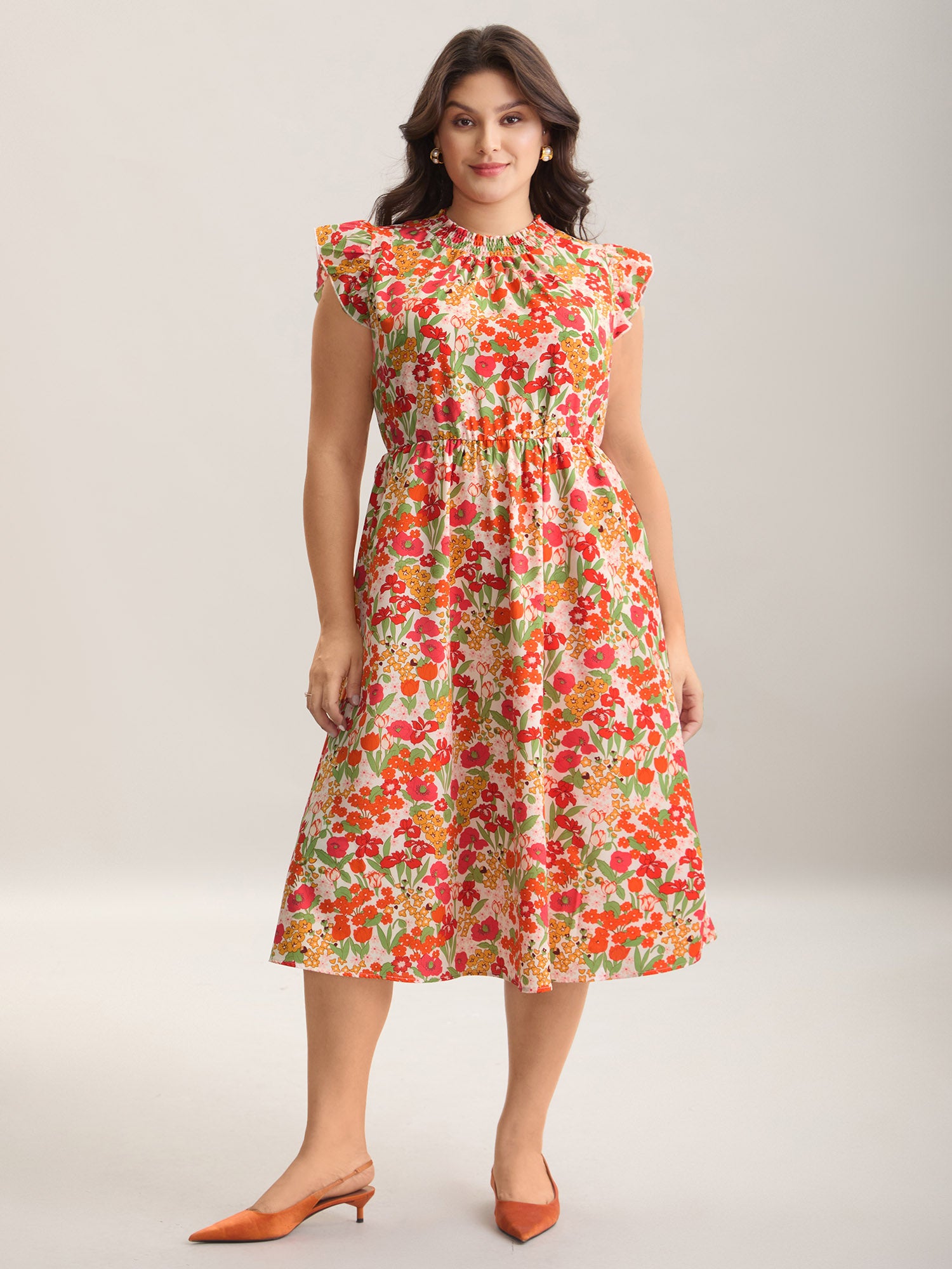 Floral Print Shirred Pockets Midi Dress