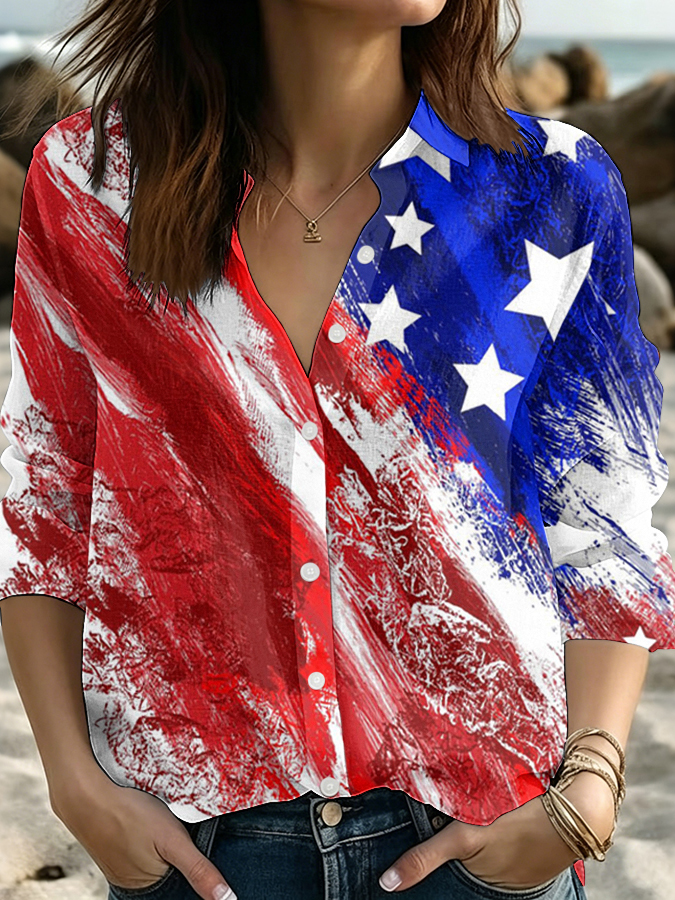 Women's American Flag Flower Independence Day Printed Casual Shirt