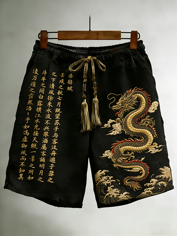 Men's Japanese Calligraphy Dragon Art Linen Casual Shorts