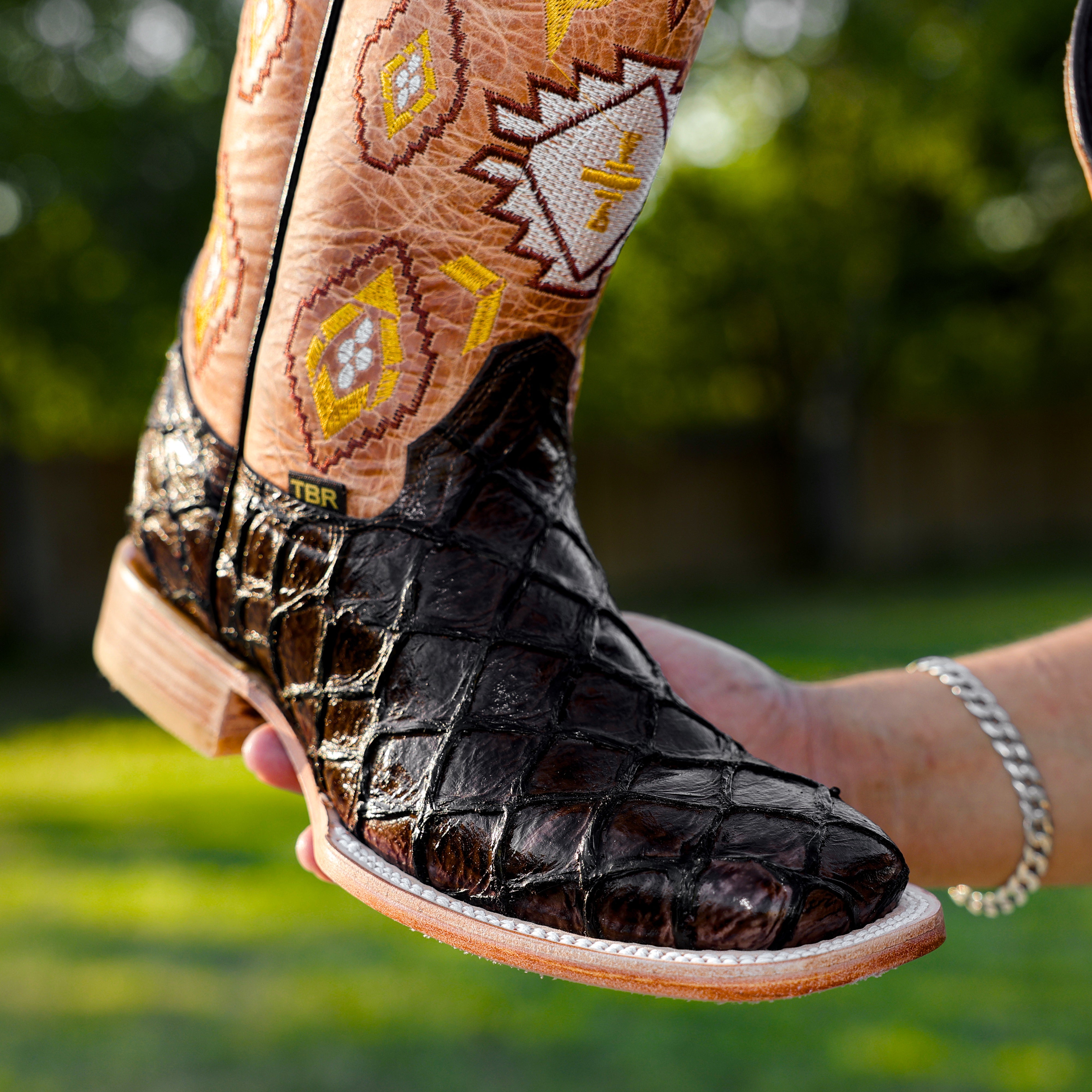 Chocolate Brown Pirarucu Leather Boots - Square Toe