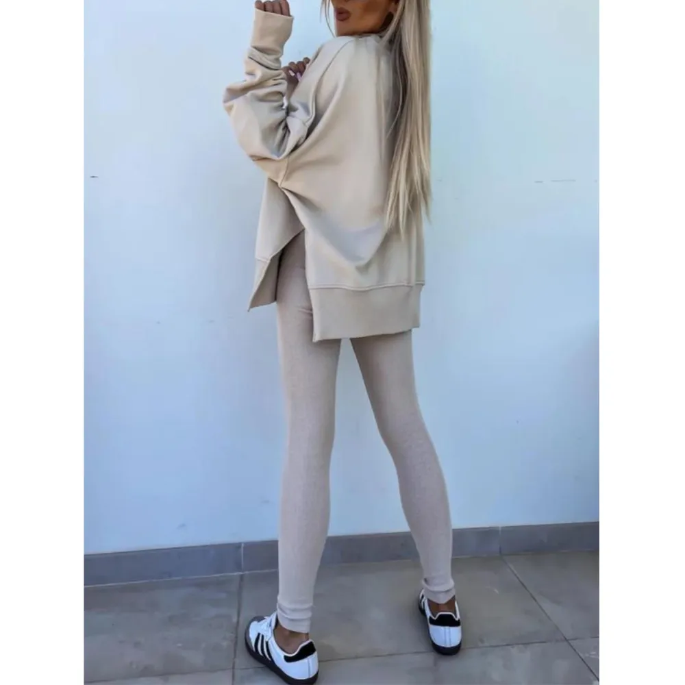 Women's Solid Long Sleeve Pullover & Leggings Sports Set