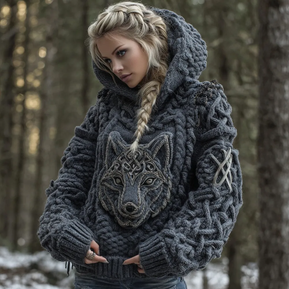 Women's Viking Celtic Wolf Knit Jacquard Warm Hooded Sweater