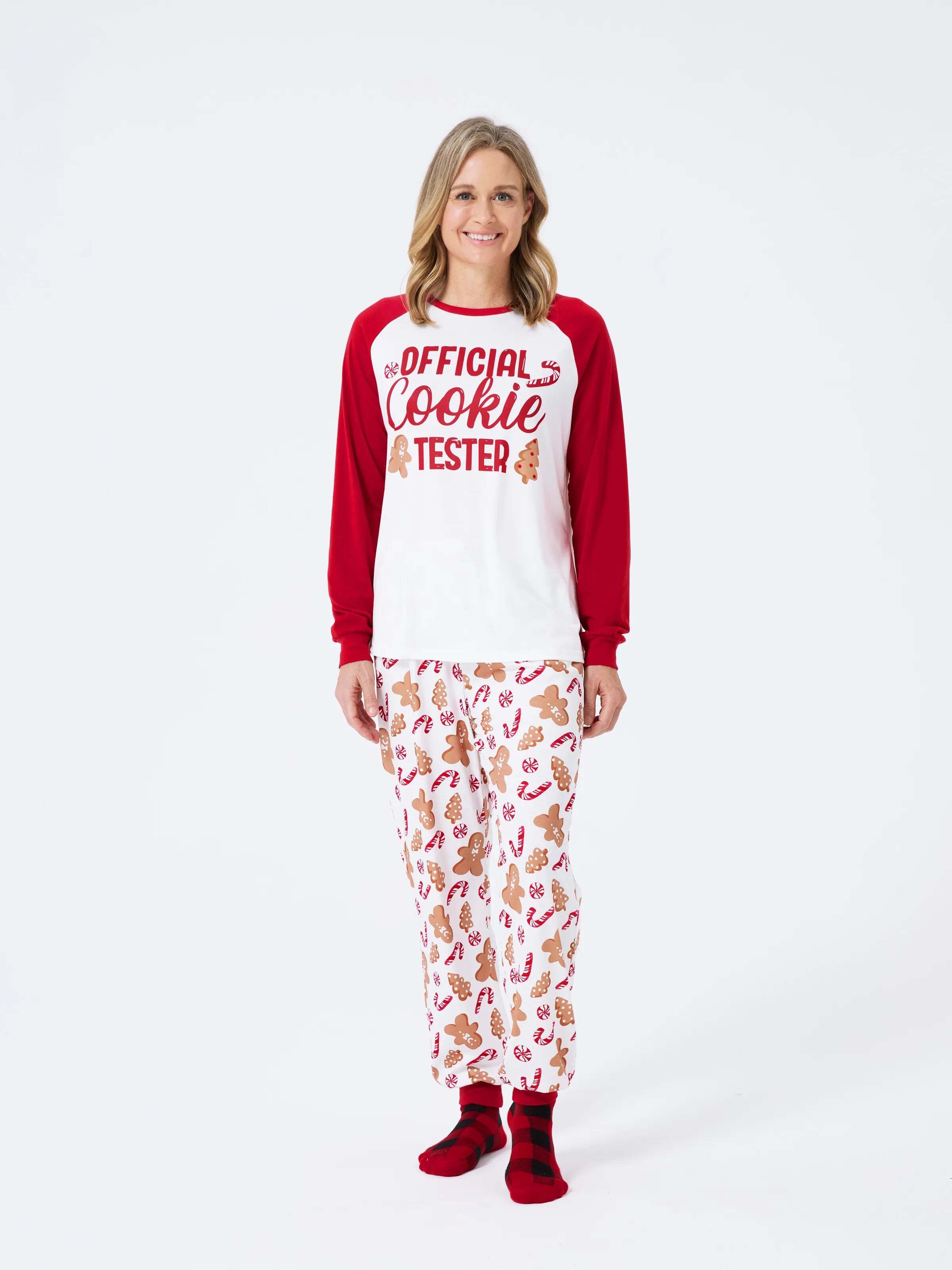 Christmas Matching Family Pajamas Set Gingerbread and Candy Cane Print PJS with Christmas Socks Red