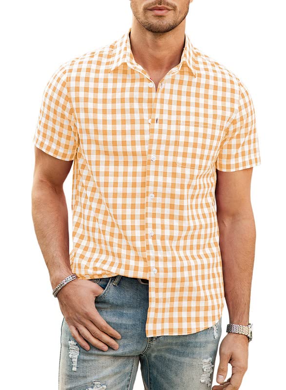 Mens Casual Button Down Shirts Short Sleeve 100% Cotton Plaid Shirts for Men