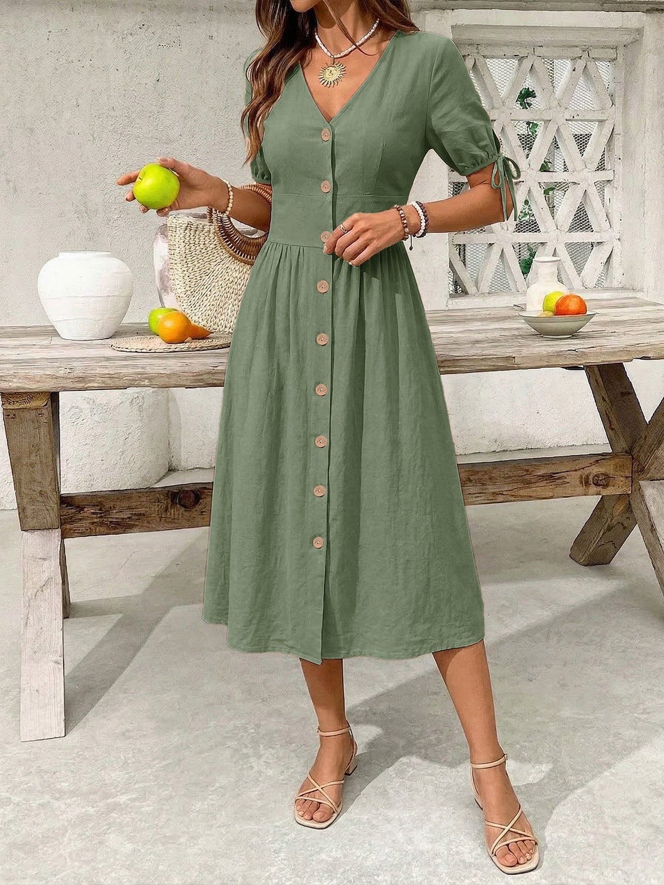 Button-Down Short Sleeve Midi Dress
