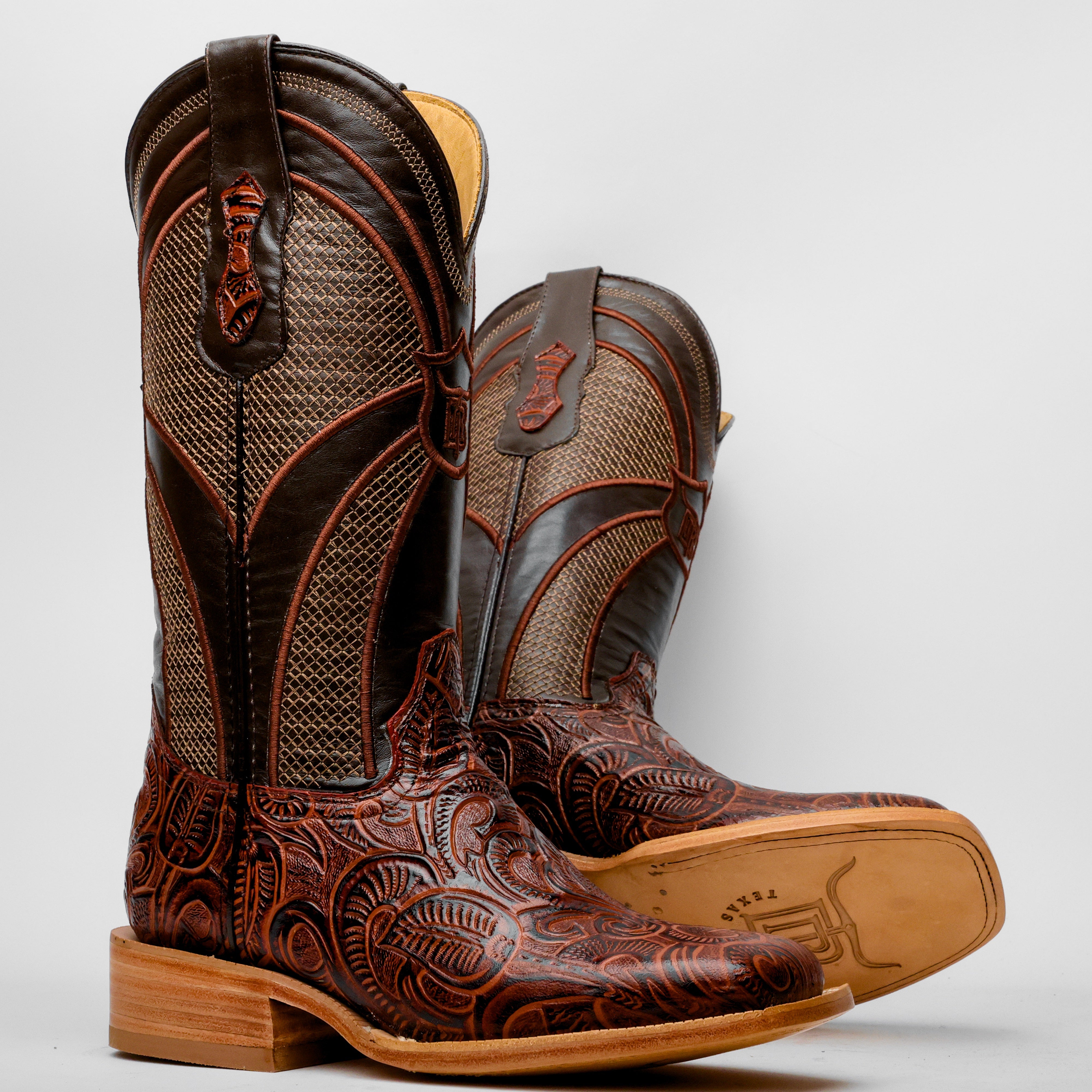 Cognac Hand-Tooled Boots - Square Toe