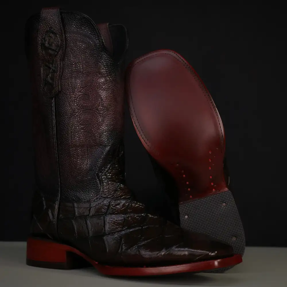 Wine Pirarucu Leather Boots — Square Toe