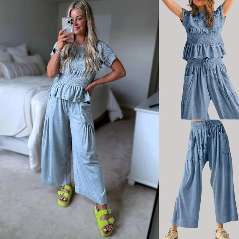 Casual Boho Matching Set Smocked Top & Wide-Leg Pants
