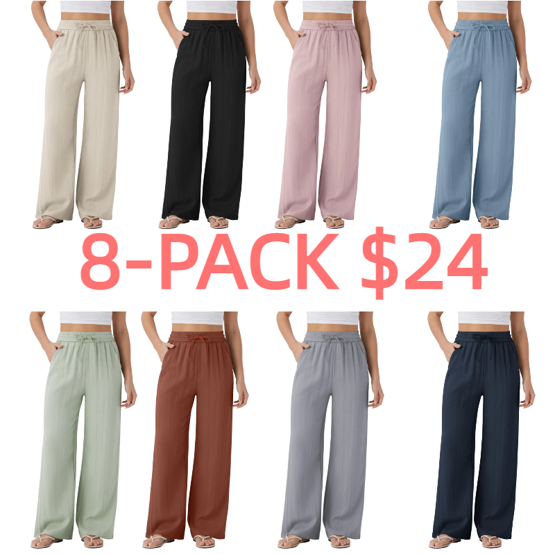 High Waisted Drawstring Pocket Wide Leg Casual Linen-Feel Pants