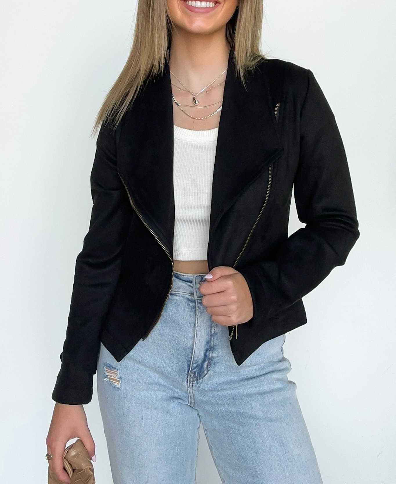 Faux Suede Zip Up Moto Jacket