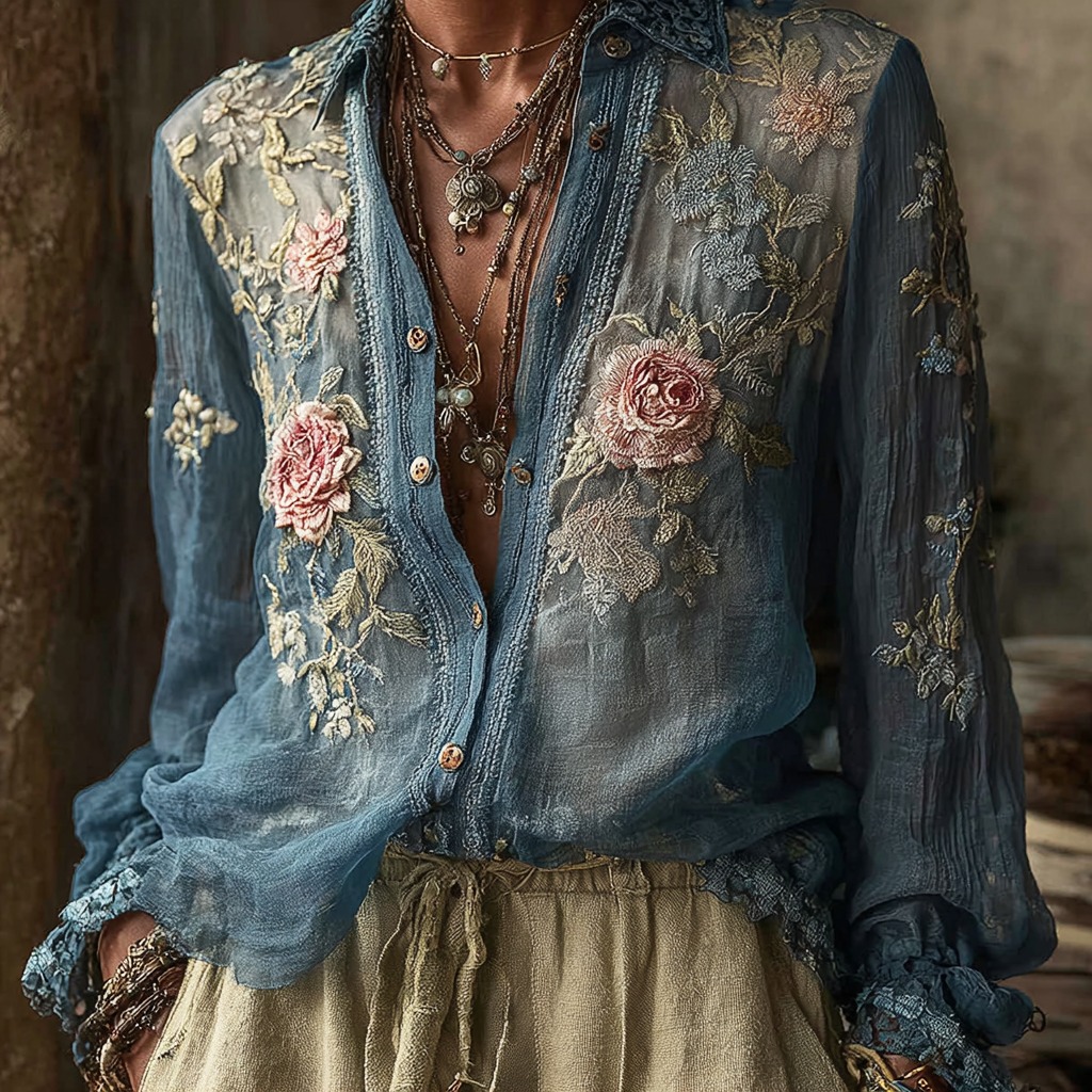 Women's Vintage Bohemian Floral Pattern Linen Long Sleeve Shirt