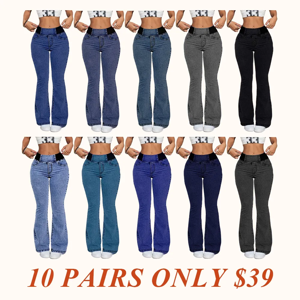 Women's Back Shirred Jeans, Mid - Rise Elasticity Waist Flared Jeans