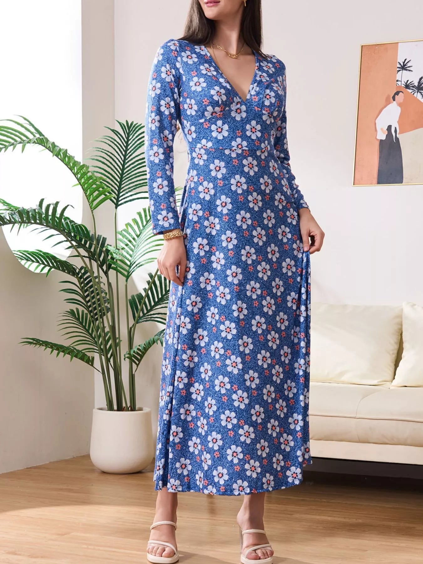 Floral Print V-Neck Long Sleeve Midi Dress