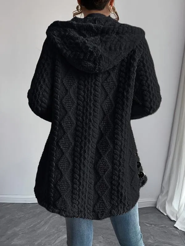 Women's Fall Winter Warm Fashion Jacquard Hooded Cardigan Long Sleeve Coat