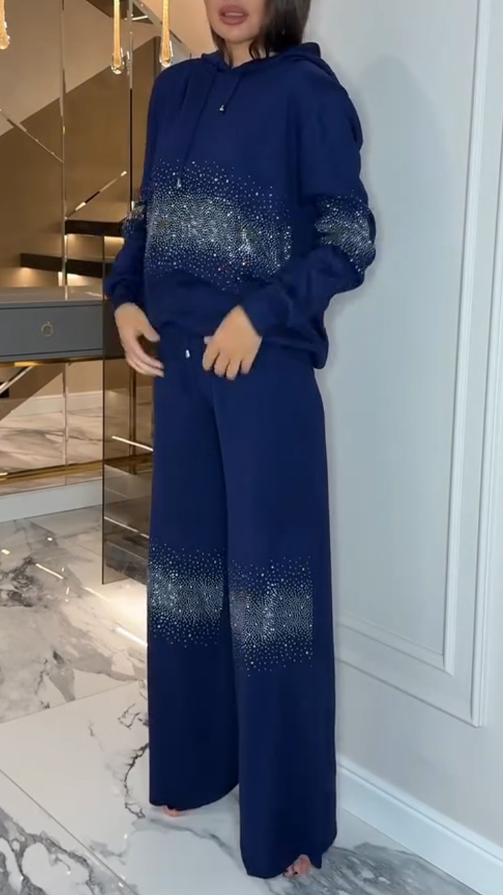 Womens Round Neck Hooded Rhinestone Hot Stamping Casual Set