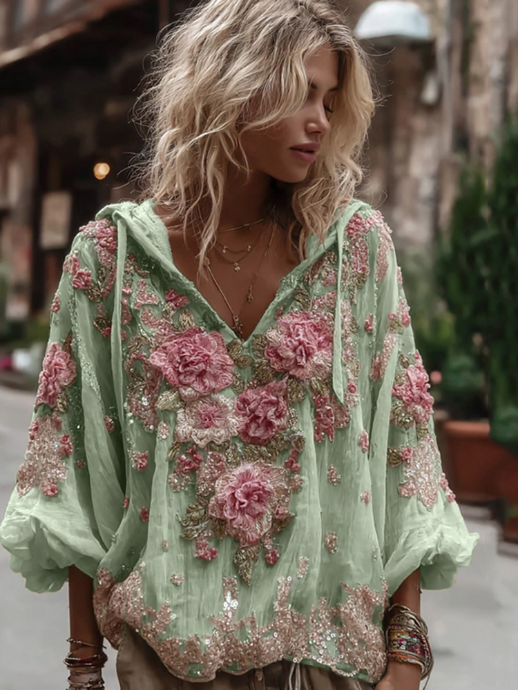 Women's Vintage Floral Embroidery Warm V-neck Hoodie