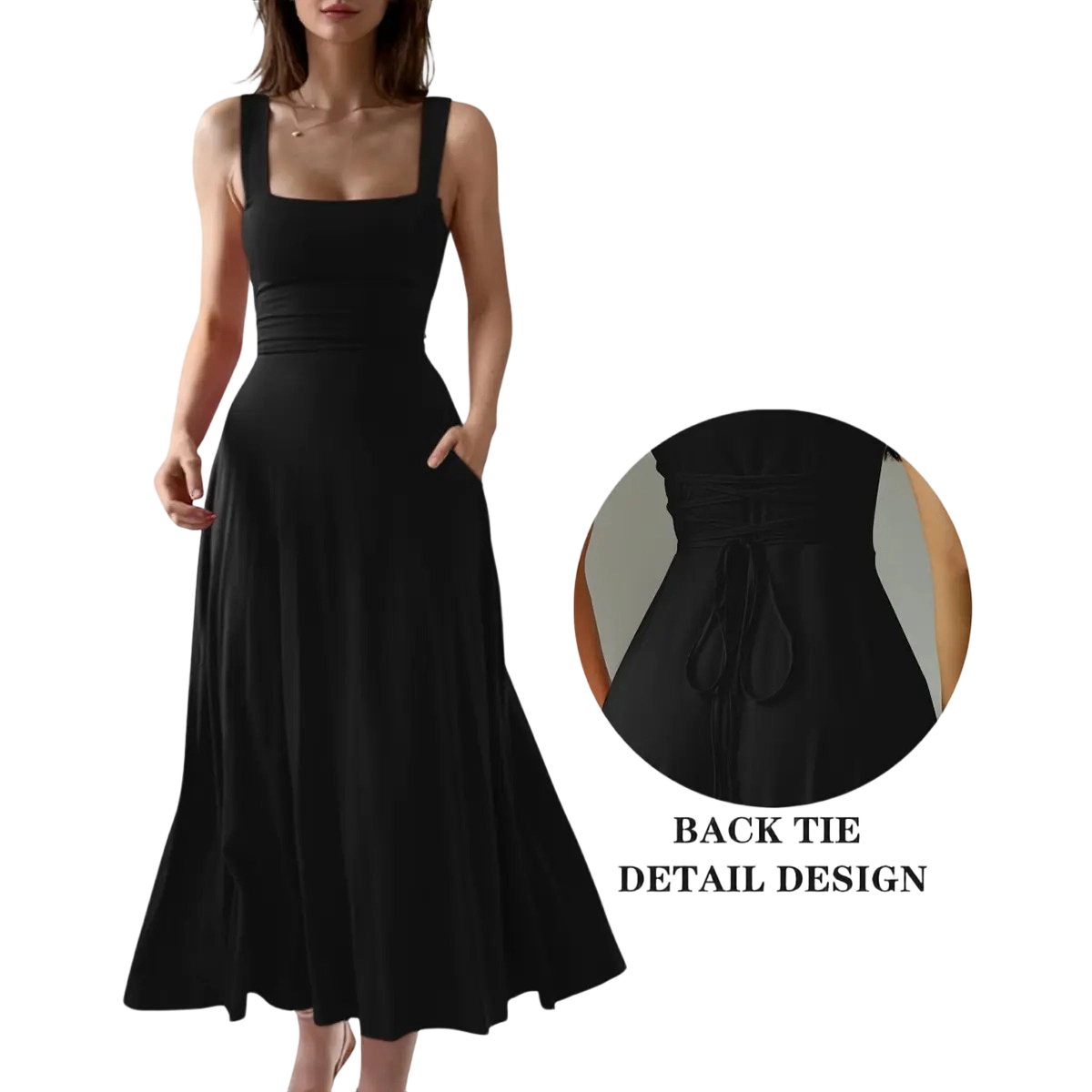 👗👗 Women’s Square Neck A-Line Flowy Dress with Pockets