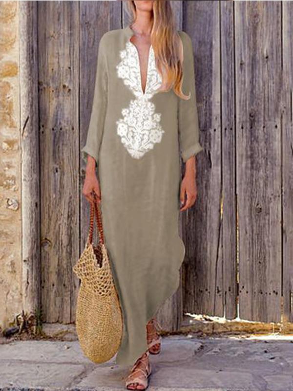 Women Vintage Ethnic Print Loose Long-sleeved Cotton Linen Dress
