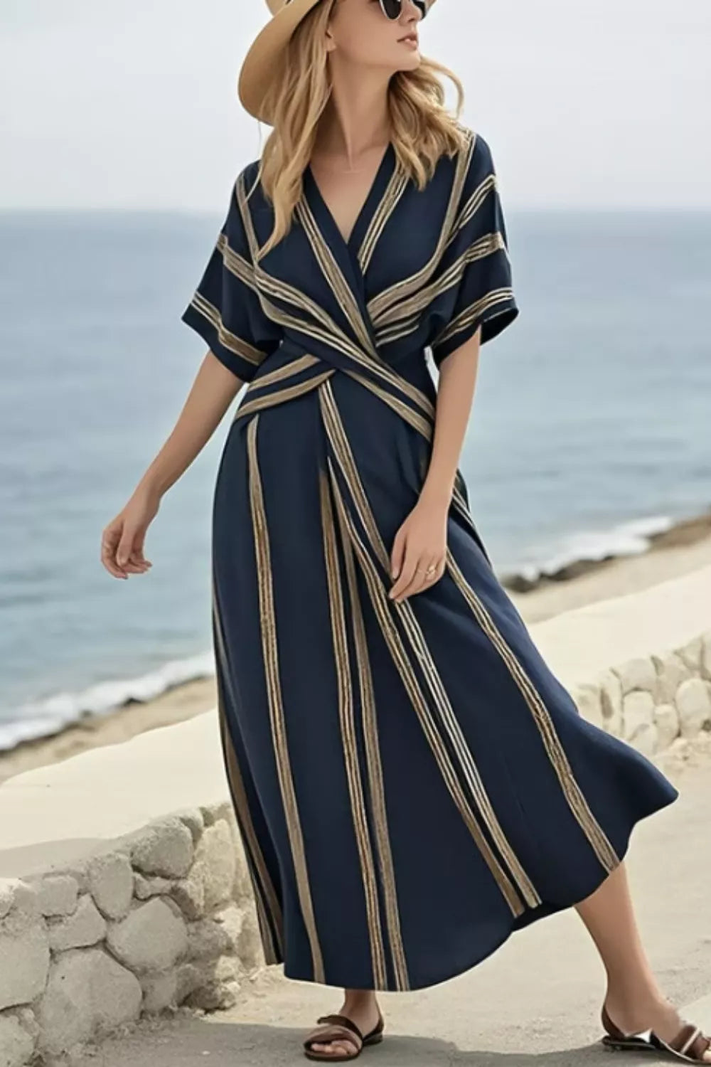 Striped Wrap Half Sleeve Maxi Dress