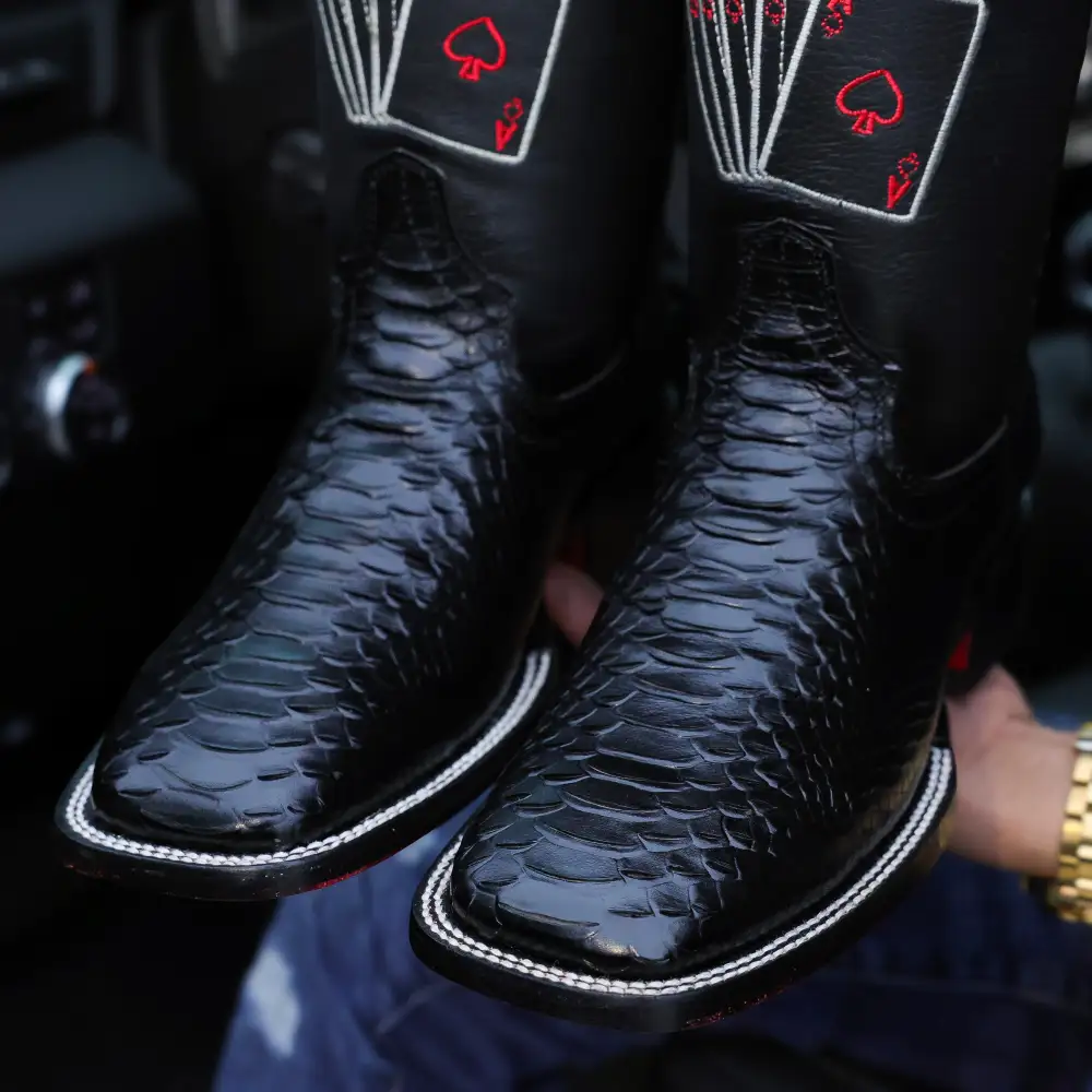 “Royal Flush” Python Leather Boots - Square Toe