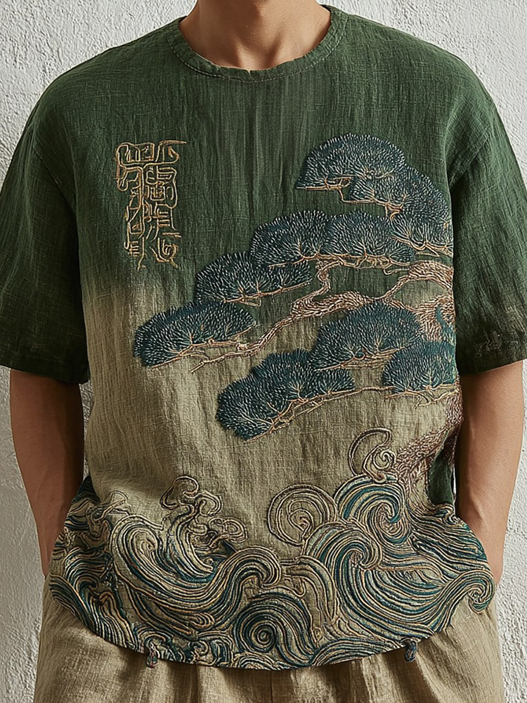 Japanese Pine And Ocean Wave Embroidered Crew Neck T-shirt