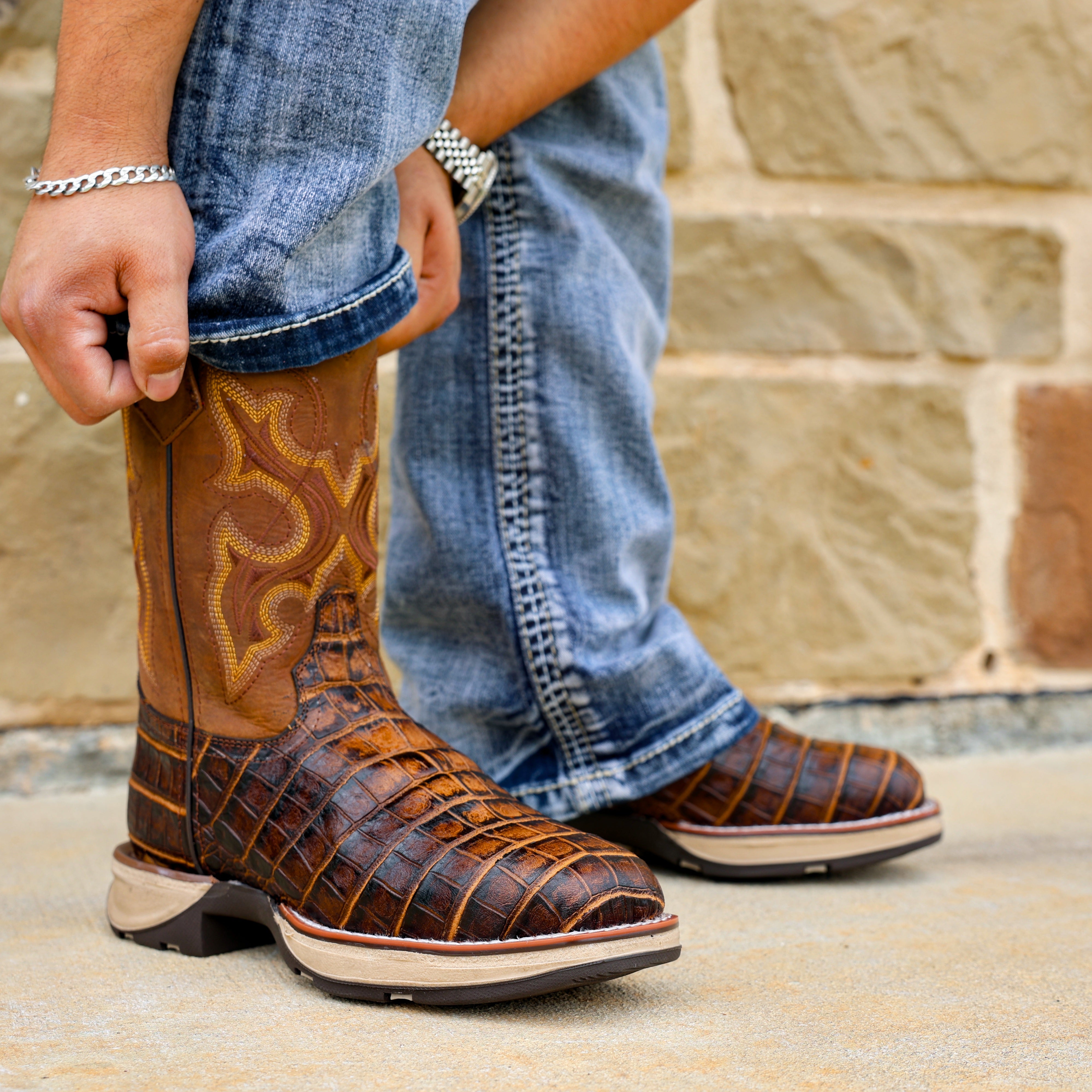 Honey American Caiman Gator Belly Leather Boots With 3D Lightweight Sole - Composite Toe