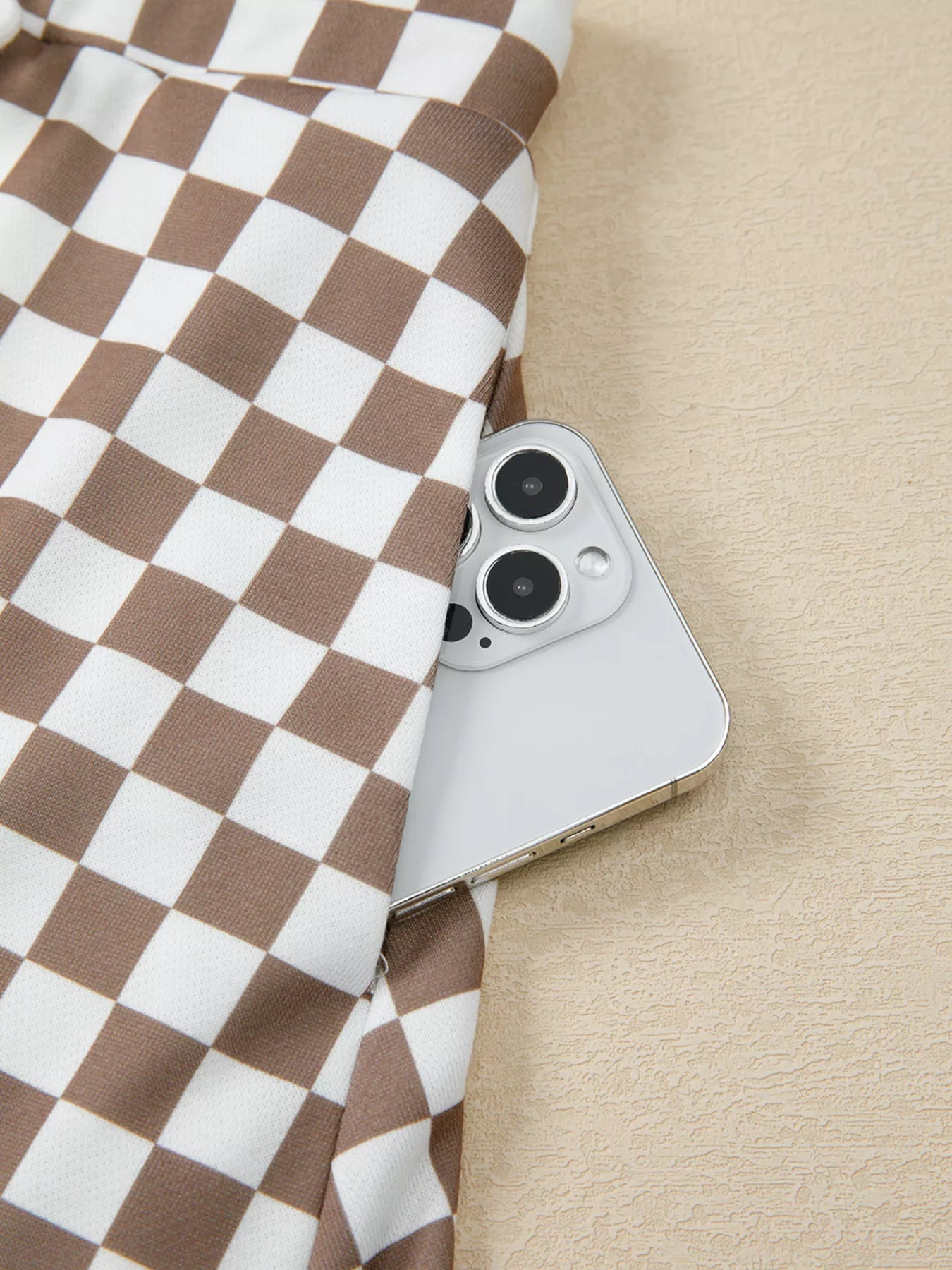 Checkered Print Polo Collar Cropped Long Sleeve Top and Drawstring Mini Skirt Set