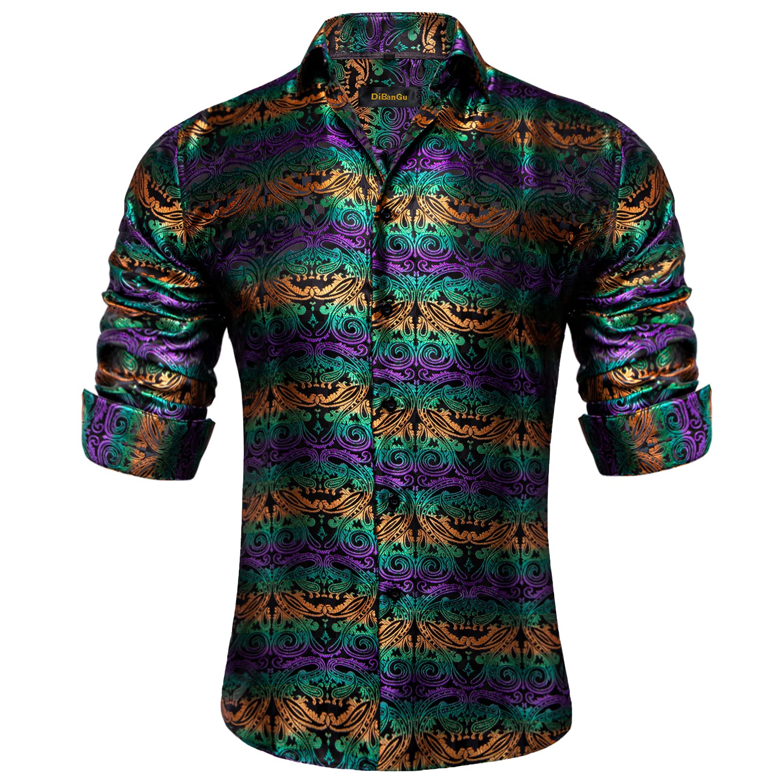 Men's Paisley Dress Shirt Long Sleeve Wrinkle Free Button Down Cowboy Shirts - Purple Green Orange&paisley