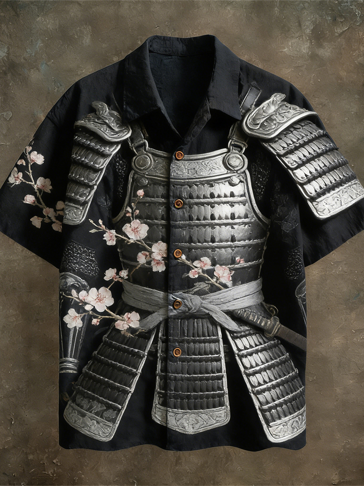 Japanese Samurai Armor Pattern Vintage Men's Linen Short Sleeve Shirt