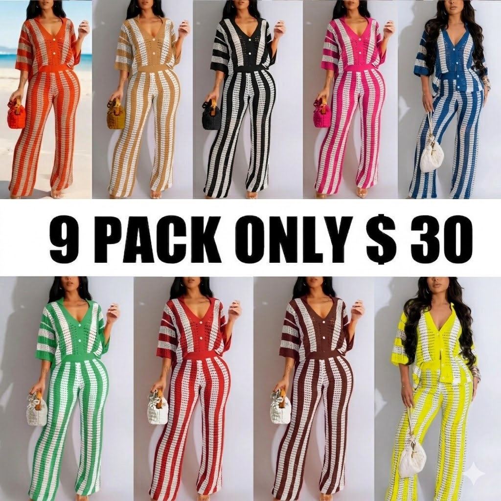 Two-Piece Set Women's Colorblock Striped Print Hollow Out Button Front Top & Wide Leg Pants