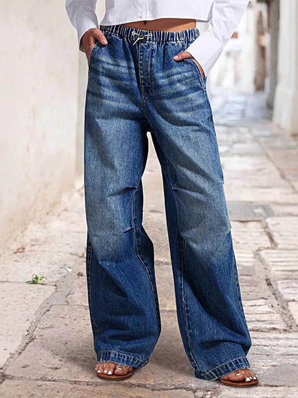 Drawstring Elasticity Gradient High Waisted Loose Jean Pants Bottoms