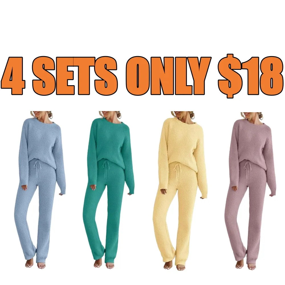 Women Fuzzy Fleece Long Sleeve Pajama Loungewear Set