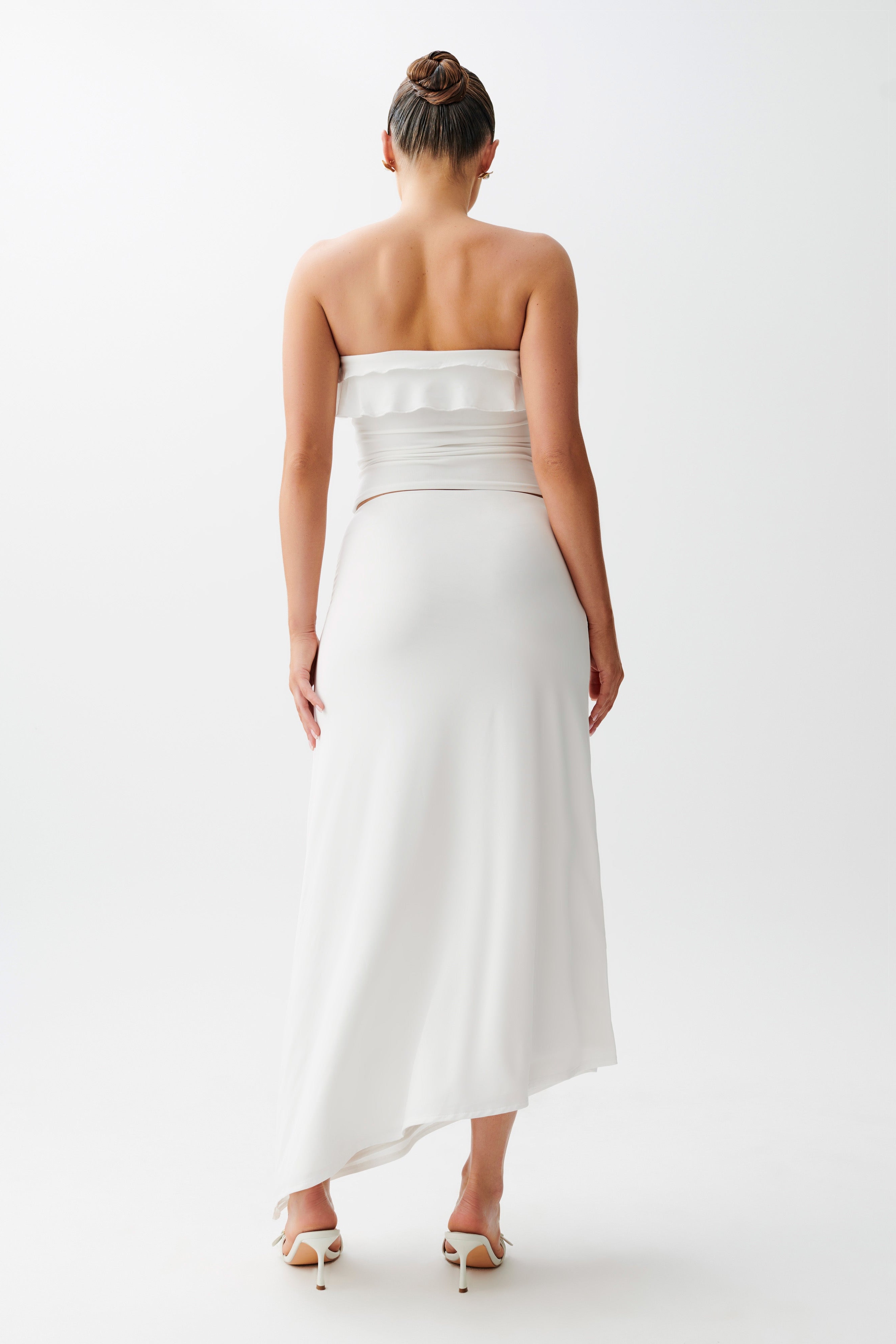 White Strapless Slinky Ruffle Top